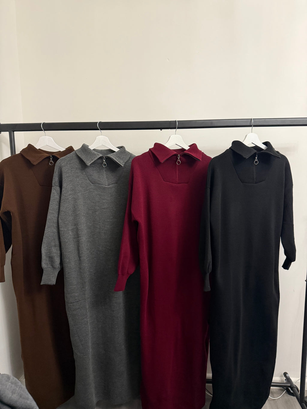 Zipper High-Neck Knit Maxi Dress – Long Sleeve Modest Dress