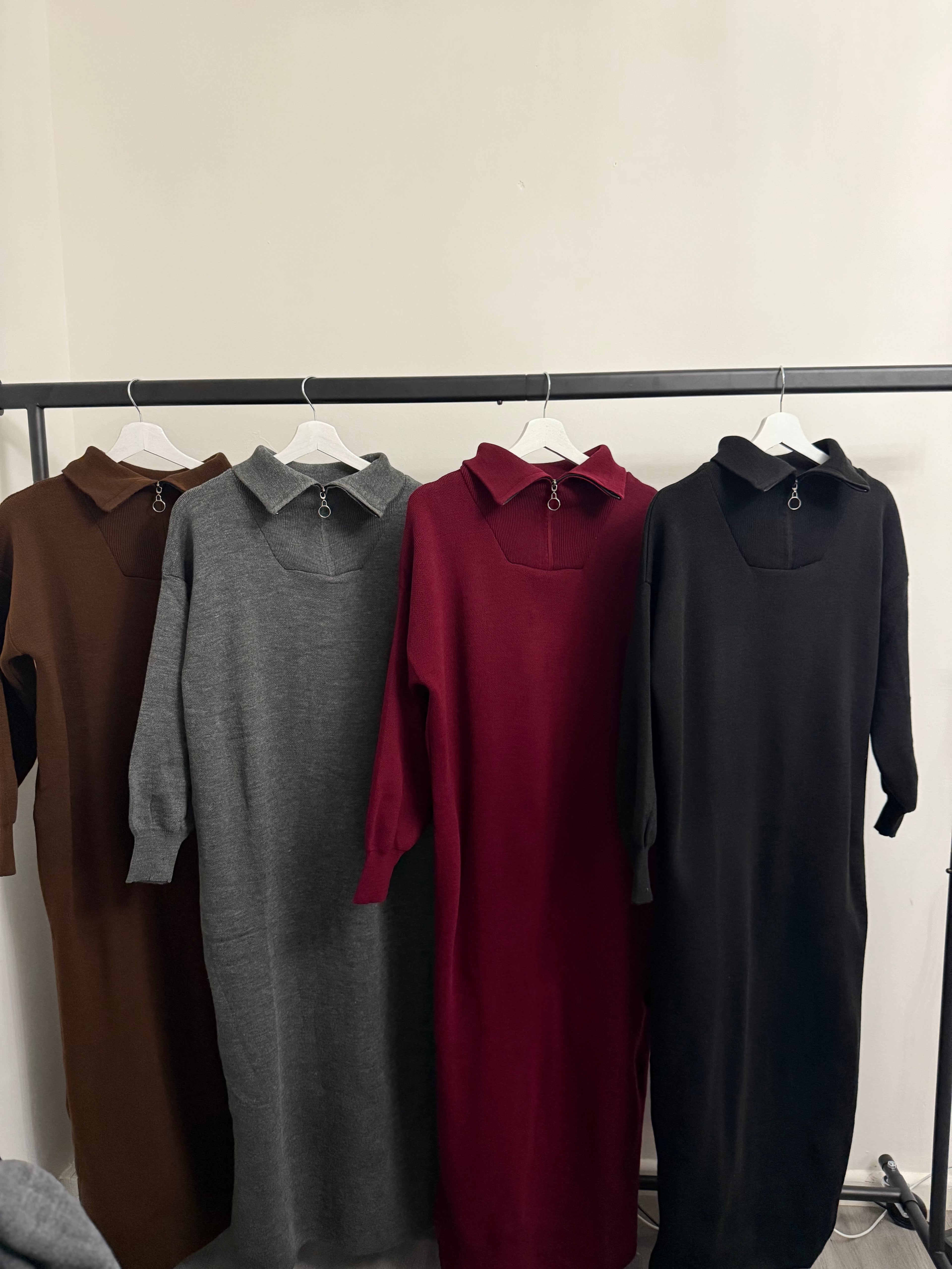 Zipper High-Neck Knit Maxi Dress – Long Sleeve Modest Dress