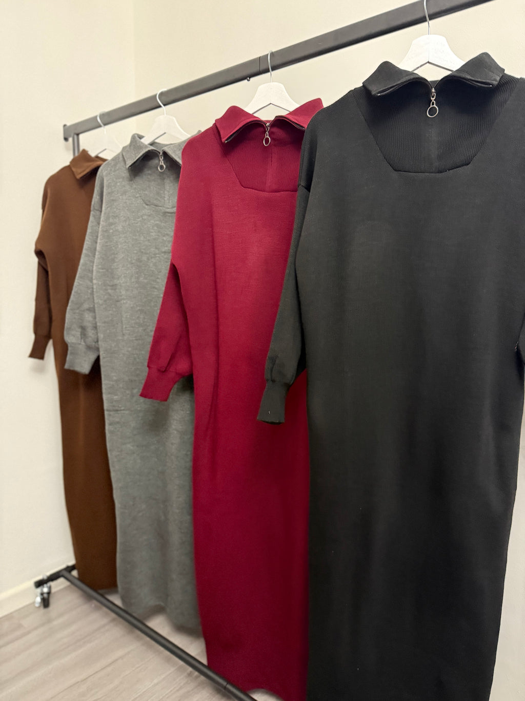 Zipper High-Neck Knit Maxi Dress – Long Sleeve Modest Dress