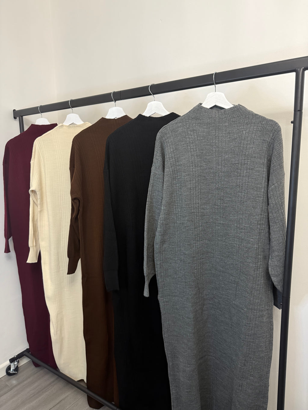 Ribbed Knit High-Neck Maxi Dress – Modest Long Sleeve Dress