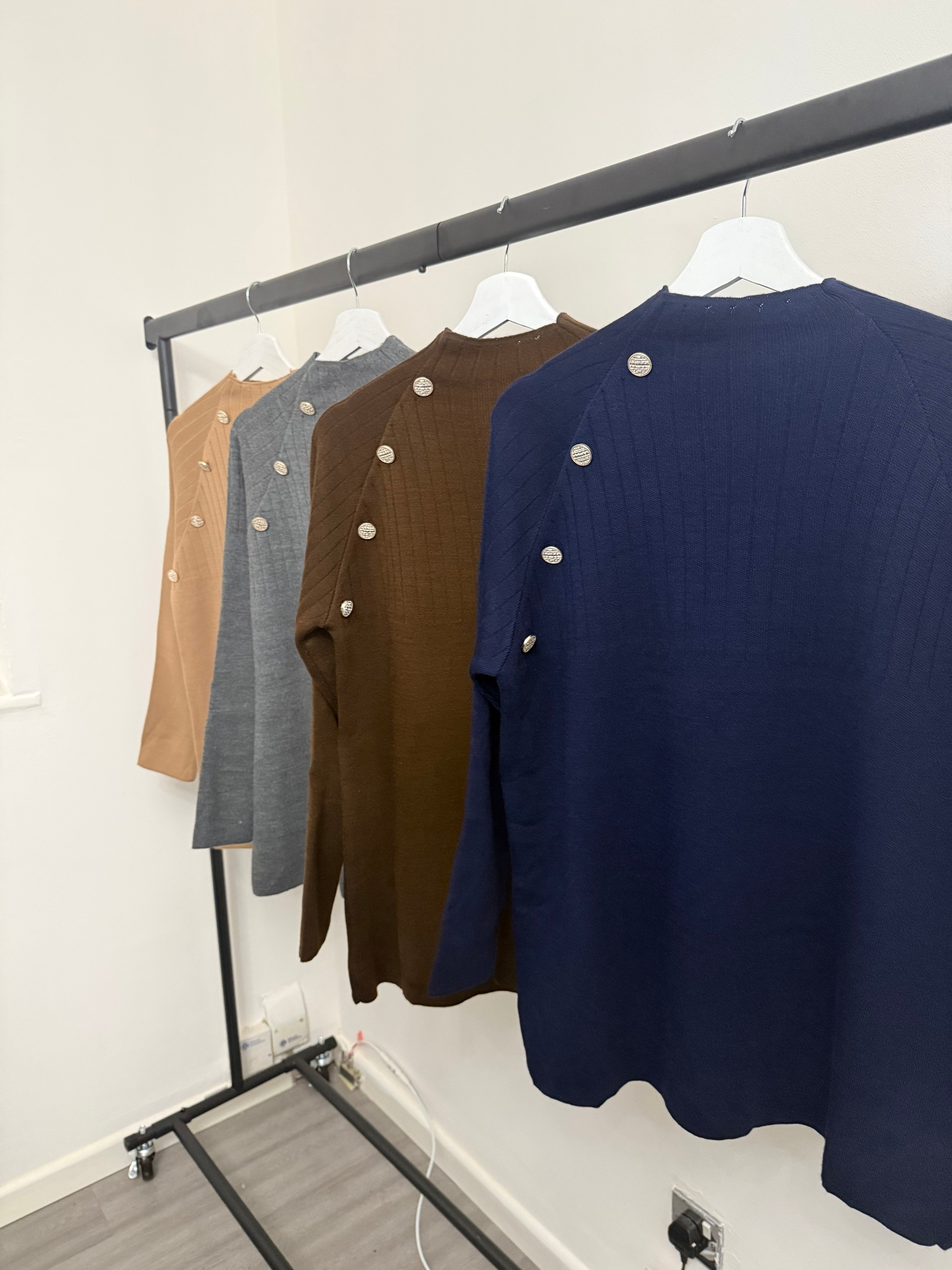 Ribbed Knit Button-Detail Sweater & Skirt Co-Ord Set