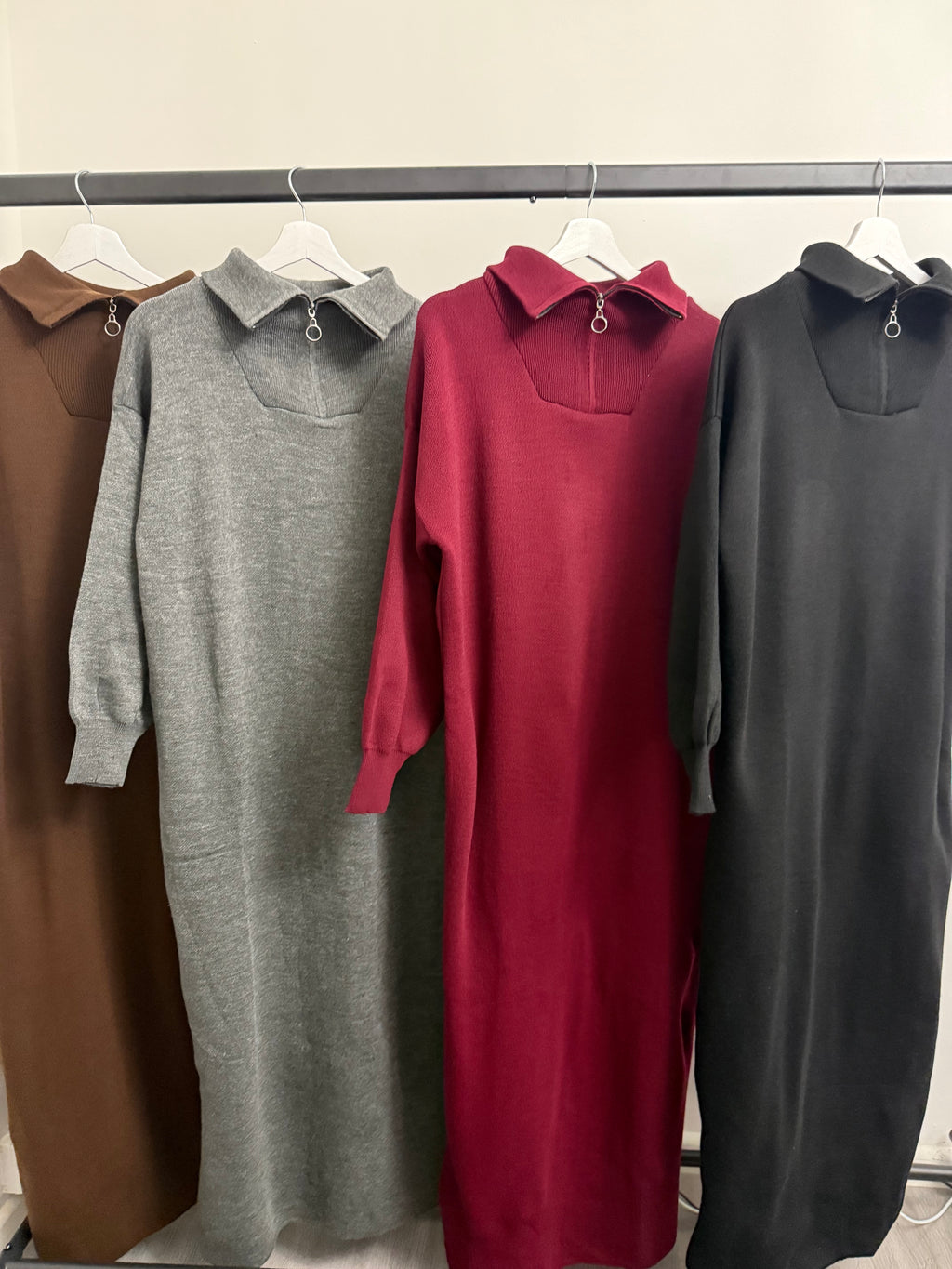 Zipper High-Neck Knit Maxi Dress – Long Sleeve Modest Dress