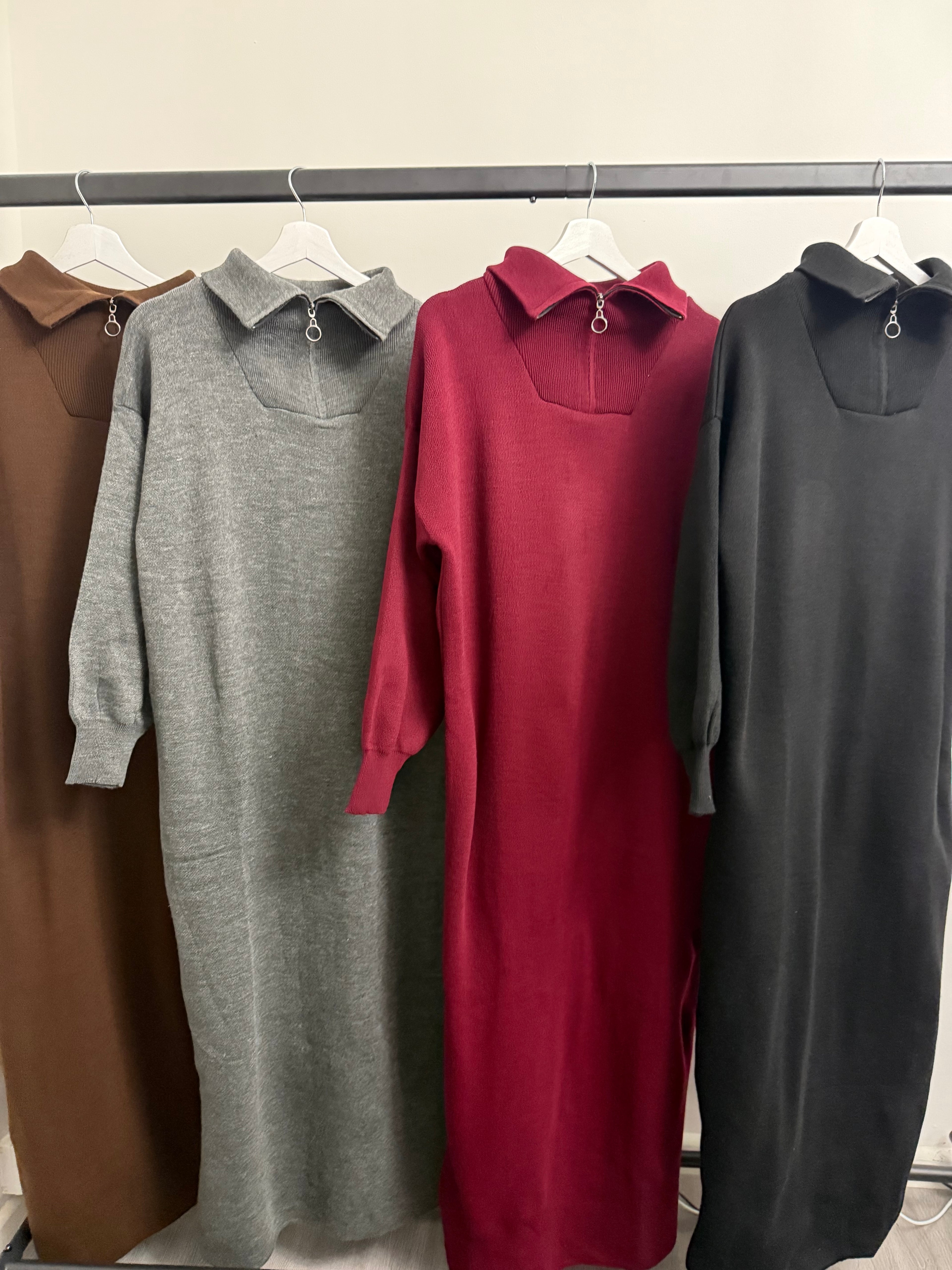 Zipper High-Neck Knit Maxi Dress – Long Sleeve Modest Dress