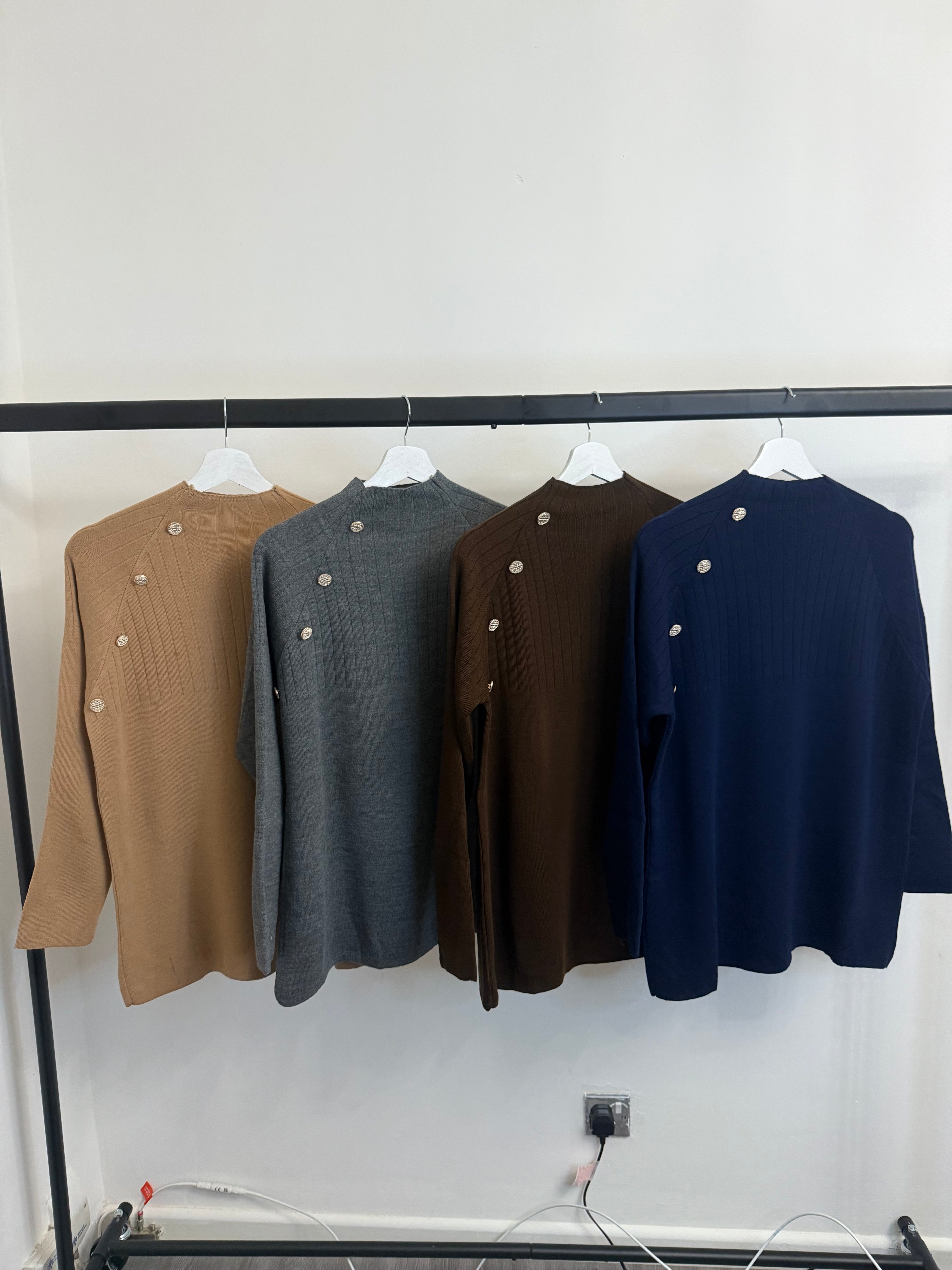 Ribbed Knit Button-Detail Sweater & Skirt Co-Ord Set