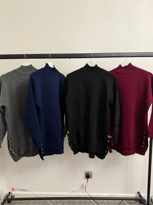 High-Neck Oversized Knit Top – Button Detail & High-Low Hem