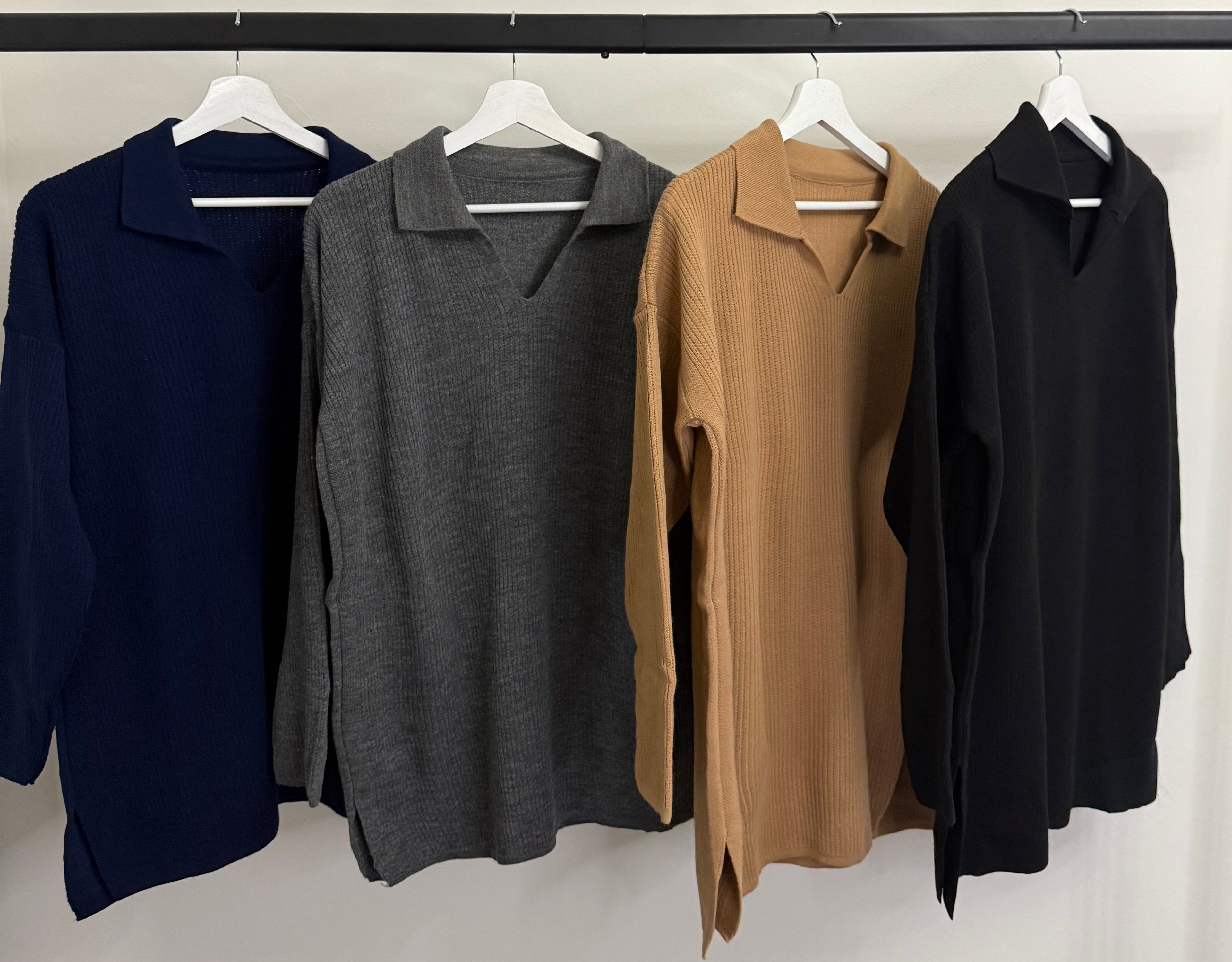 Ribbed Knit 2-Piece Set – Collared Longline Tunic & Wide-Leg Trousers