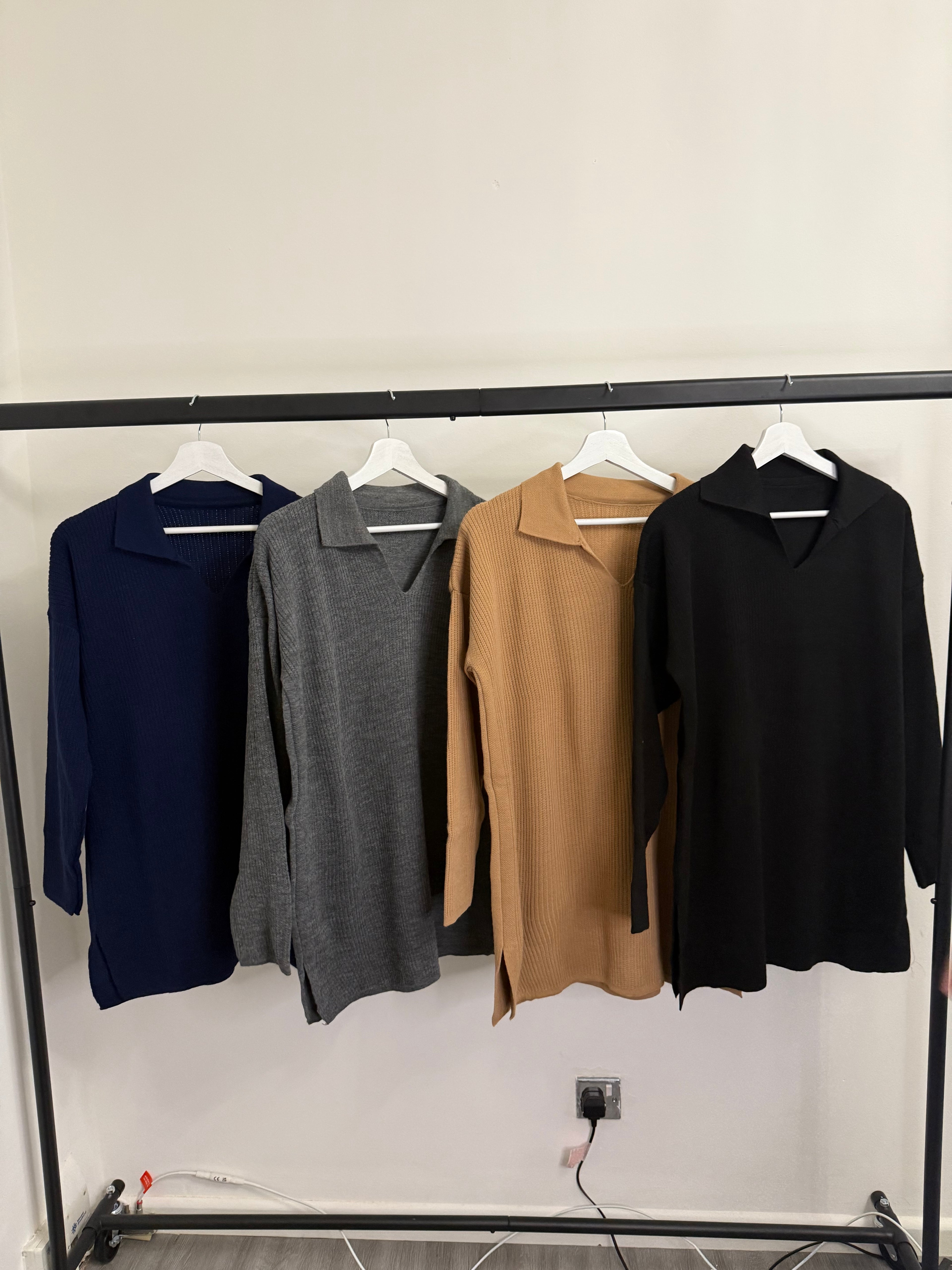 Ribbed Knit 2-Piece Set – Collared Longline Tunic & Wide-Leg Trousers